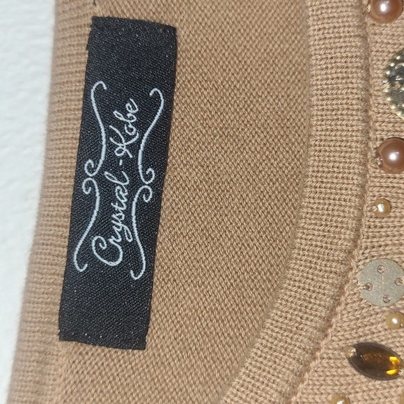 Crystal Kobe Sweater Brown Beaded Crew Neck Jasper Pearl Embellished Sz 3/4 - Picture 3 of 8